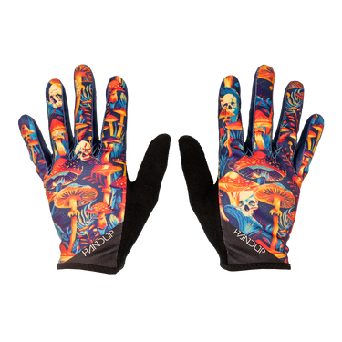 Colorful gloves with mushroom and skull design on a white background