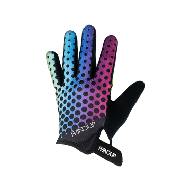 Colorful gradient glove with black polka dots and 'Handup' branding on a white background