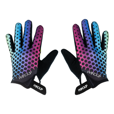 Pair of gradient polka dot gloves with 'Handup' branding on a white background