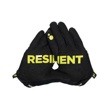 Black glove with 'RESILIENT' in yellow on a white background