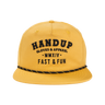 Yellow cap with black text on a white background