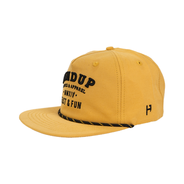 Yellow cap with black text and branding on a white background