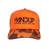 Orange and camouflage baseball cap with 'HANDUP' logo on a white background