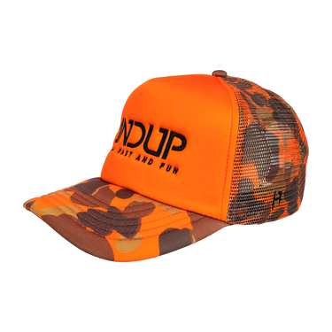 Orange and camouflage baseball cap with 'UNDUP' branding on a white background