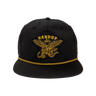 Black cap with gold embroidered design and 'HANDUP' text on a white background