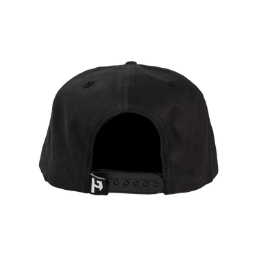 Black cap with a brand logo on the back against a white background