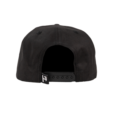 Black cap with a brand logo on the back against a white background
