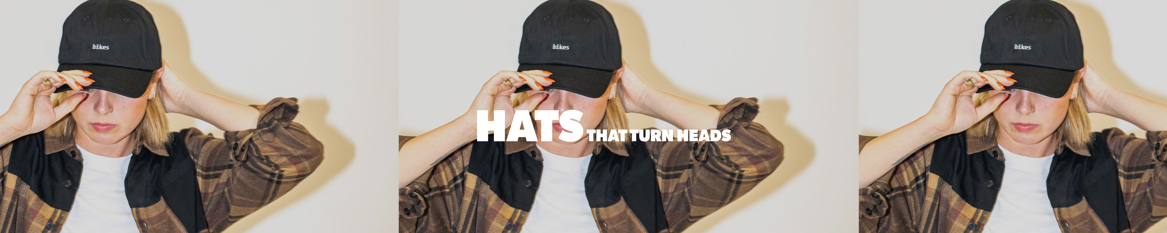 Person wearing a black cap with 'Hats That Turn Heads' text, surrounded by similar images.