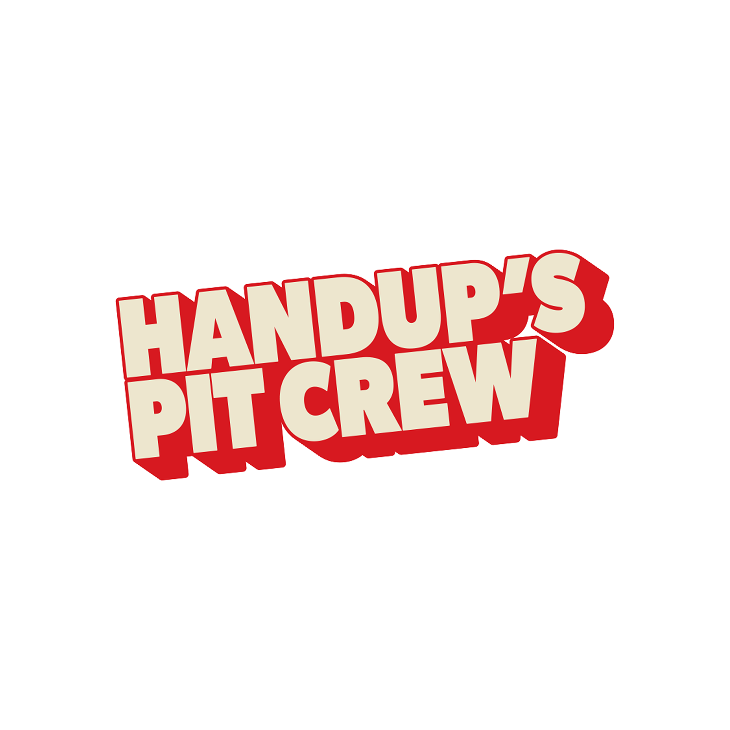 A 3D-style red and cream sticker or decal reading 'HANDUP'S PIT CREW' on a plain white background.