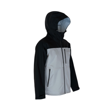 Black and gray jacket with a hood on a white background