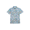 A youth-sized button-up shirt with a multicolored geometric pattern.