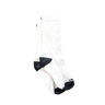 A pair of white crew socks with black heel and toe accents.