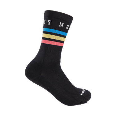 Black sock with colorful stripes on a white background