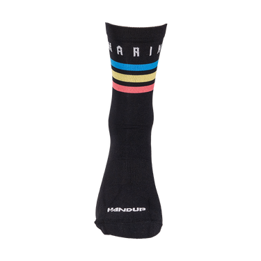 Black sock with colorful stripes and branding on a white background