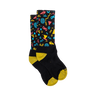 Black socks with colorful geometric patterns and yellow toes and cuffs on a white background