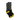 Black socks with colorful geometric patterns and yellow toes and cuffs on a white background