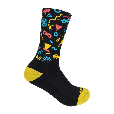 Black sock with colorful geometric patterns on a white background