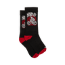 Black socks with red accents and graphic designs on a white background