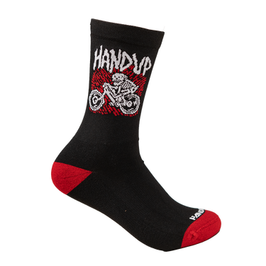 Black sock with red accents and 'Handup' logo on a white background