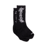 Black socks with white designs on a white background