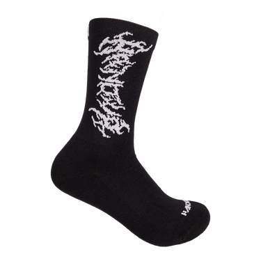 Black sock with white text design on a white background