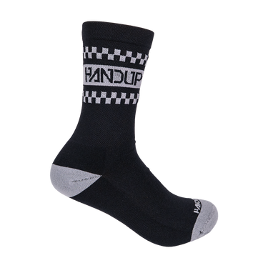 Black sock with checkered pattern and 'Handup' branding on a white background