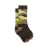 Pair of brown and green patterned socks on a white background