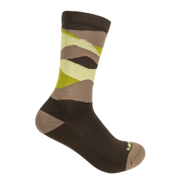 Sock with brown, beige, and green pattern on a white background