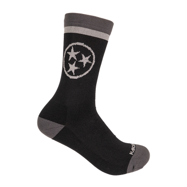 Black sock with gray star design on a white background