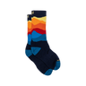 Colorful striped socks with a brand logo on a white background