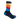 Colorful striped sock with a brand logo on a white background
