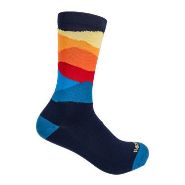 Colorful striped sock with a brand logo on a white background