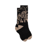 Black sock with beige mountain design on a white background