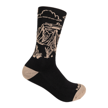 Black sock with beige rose design on a white background