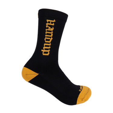 Black sock with yellow text and accents on a white background