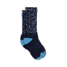 Pair of dark blue socks with colorful pattern and light blue accents on a white background