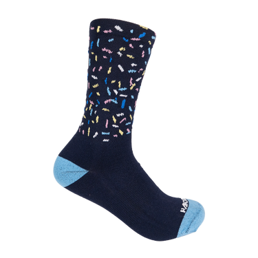 Navy sock with colorful pattern and light blue toes and cuffs on a white background