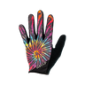A multicolored tie-dye pattern on a pair of gloves with the brand name 'HANLUP' visible.
