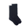 A pair of black socks with a visible white logo on the side.