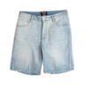 A pair of light blue denim jorts with a frayed hem.