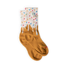 A pair of socks with a gradient color change from beige to white at the top, resembling a ice cream cone with colorful sprinkles.