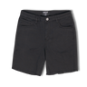 A pair of black stretch jorts with pockets on the sides, button and zipper closure at the front, and a tag visible on the waistband.