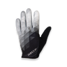 A single black and white geometric patterned glove designed for off road riding.
